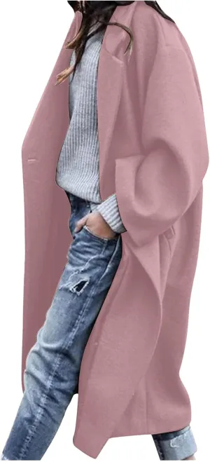 Fashion Women Woolen Coats Oversized Long Trench Coat Turn Down Collar Long Sleeve Winter Cardigan Jackets