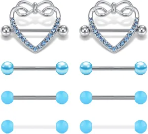 FECTAS 14G Nipple Piercing Jewelry Tongue Rings 4 pairs Nipple Rings Surgical Steel Piercing Retainer for Women Pink Purple Blue