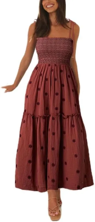 FEORJGP Womens Summer Spaghetti Strap Boho Maxi Dress Bohemian Low Cut Backless Midi Dress Embroidery High Waist Long Dresses