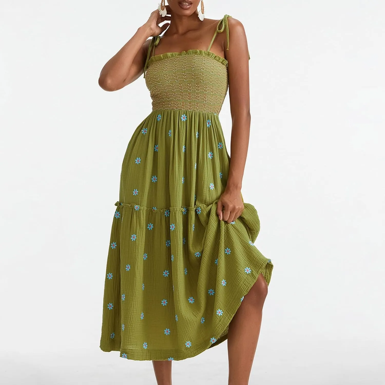 FEORJGP Womens Summer Spaghetti Strap Boho Maxi Dress Bohemian Low Cut Backless Midi Dress Embroidery High Waist Long Dresses