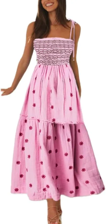 FEORJGP Womens Summer Spaghetti Strap Boho Maxi Dress Bohemian Low Cut Backless Midi Dress Embroidery High Waist Long Dresses