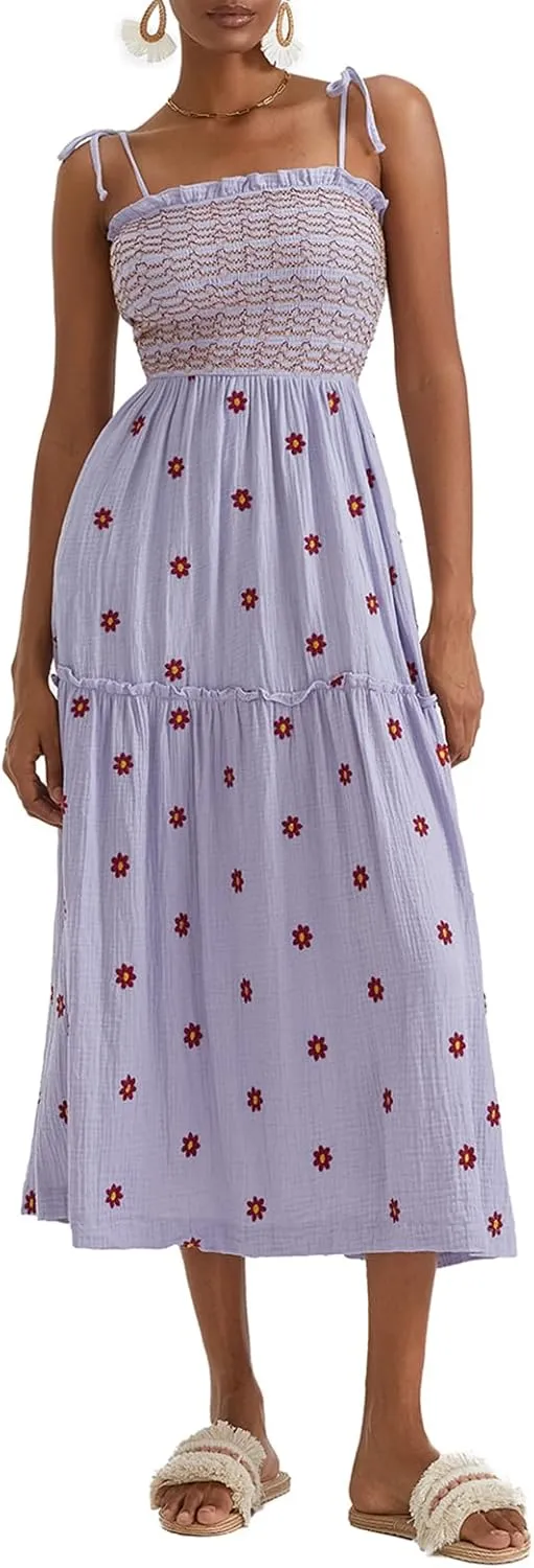 FEORJGP Womens Summer Spaghetti Strap Boho Maxi Dress Bohemian Low Cut Backless Midi Dress Embroidery High Waist Long Dresses