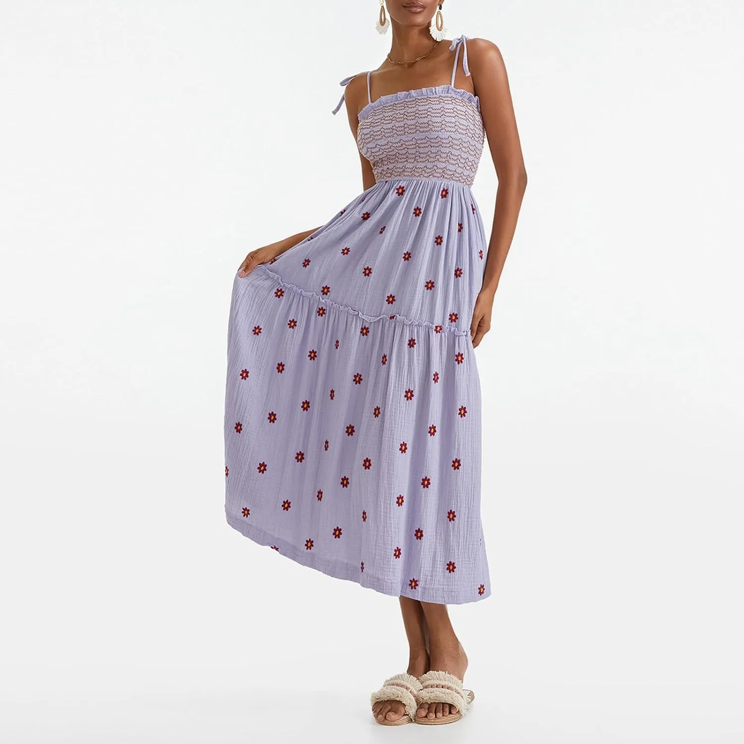 FEORJGP Womens Summer Spaghetti Strap Boho Maxi Dress Bohemian Low Cut Backless Midi Dress Embroidery High Waist Long Dresses