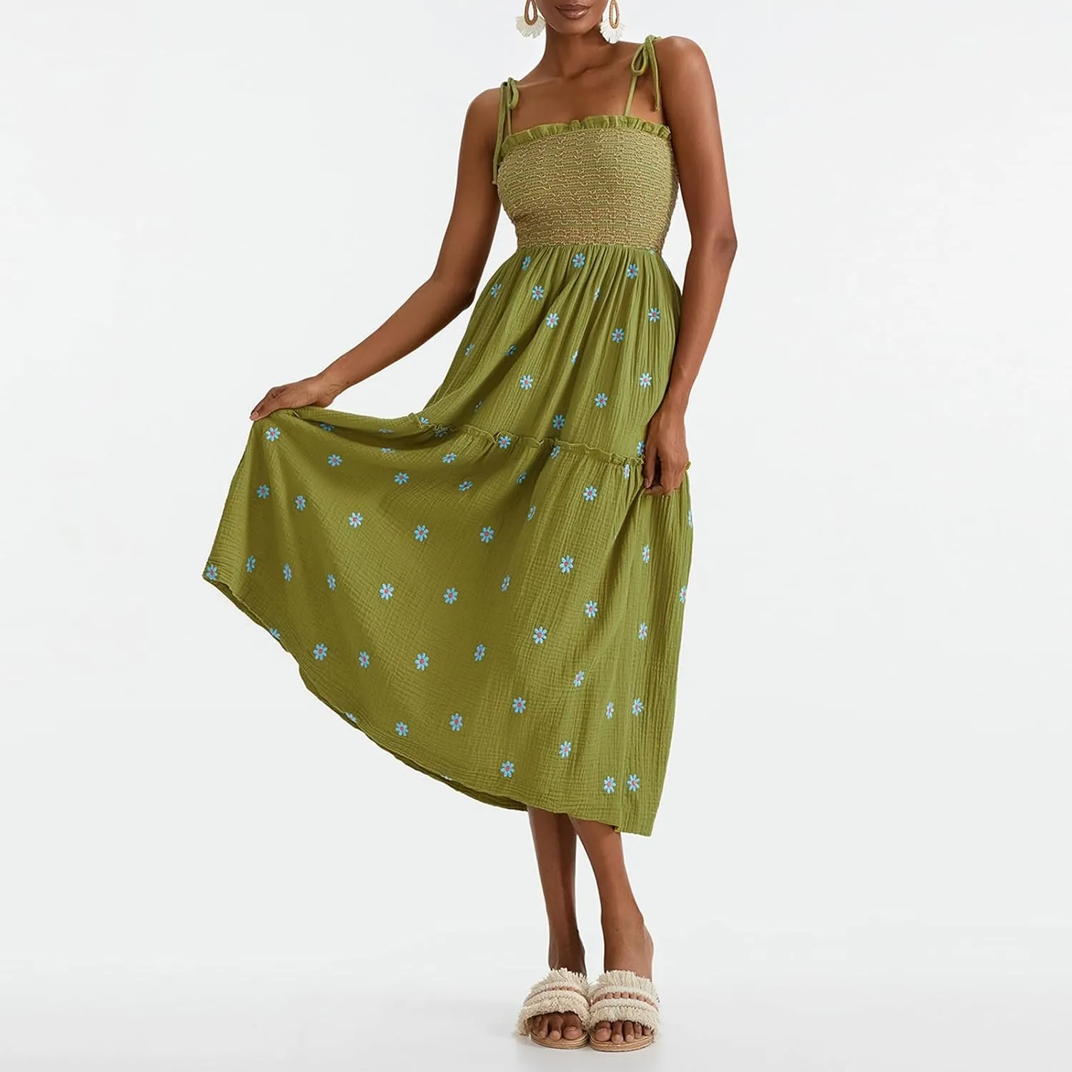 FEORJGP Womens Summer Spaghetti Strap Boho Maxi Dress Bohemian Low Cut Backless Midi Dress Embroidery High Waist Long Dresses