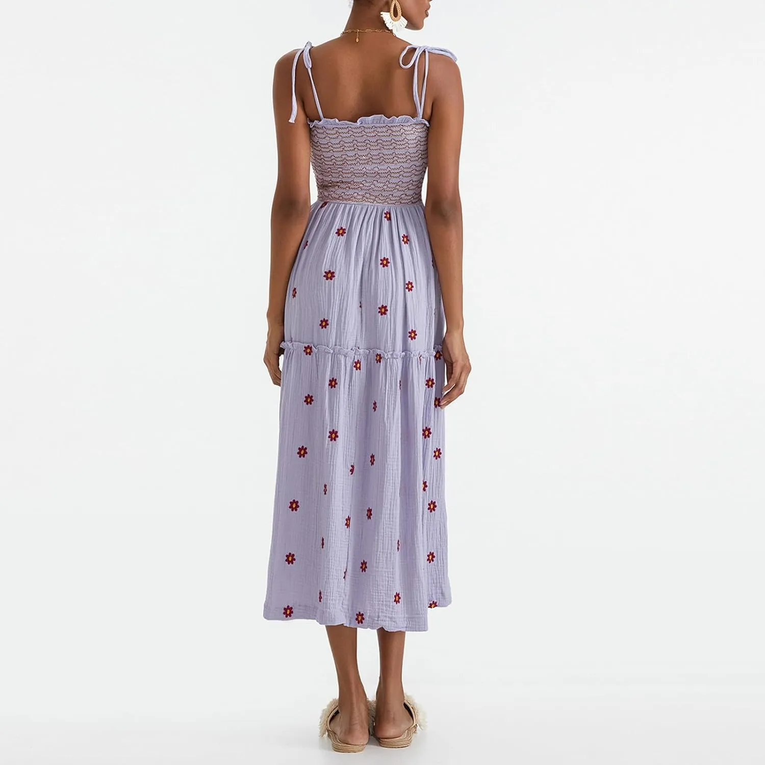 FEORJGP Womens Summer Spaghetti Strap Boho Maxi Dress Bohemian Low Cut Backless Midi Dress Embroidery High Waist Long Dresses