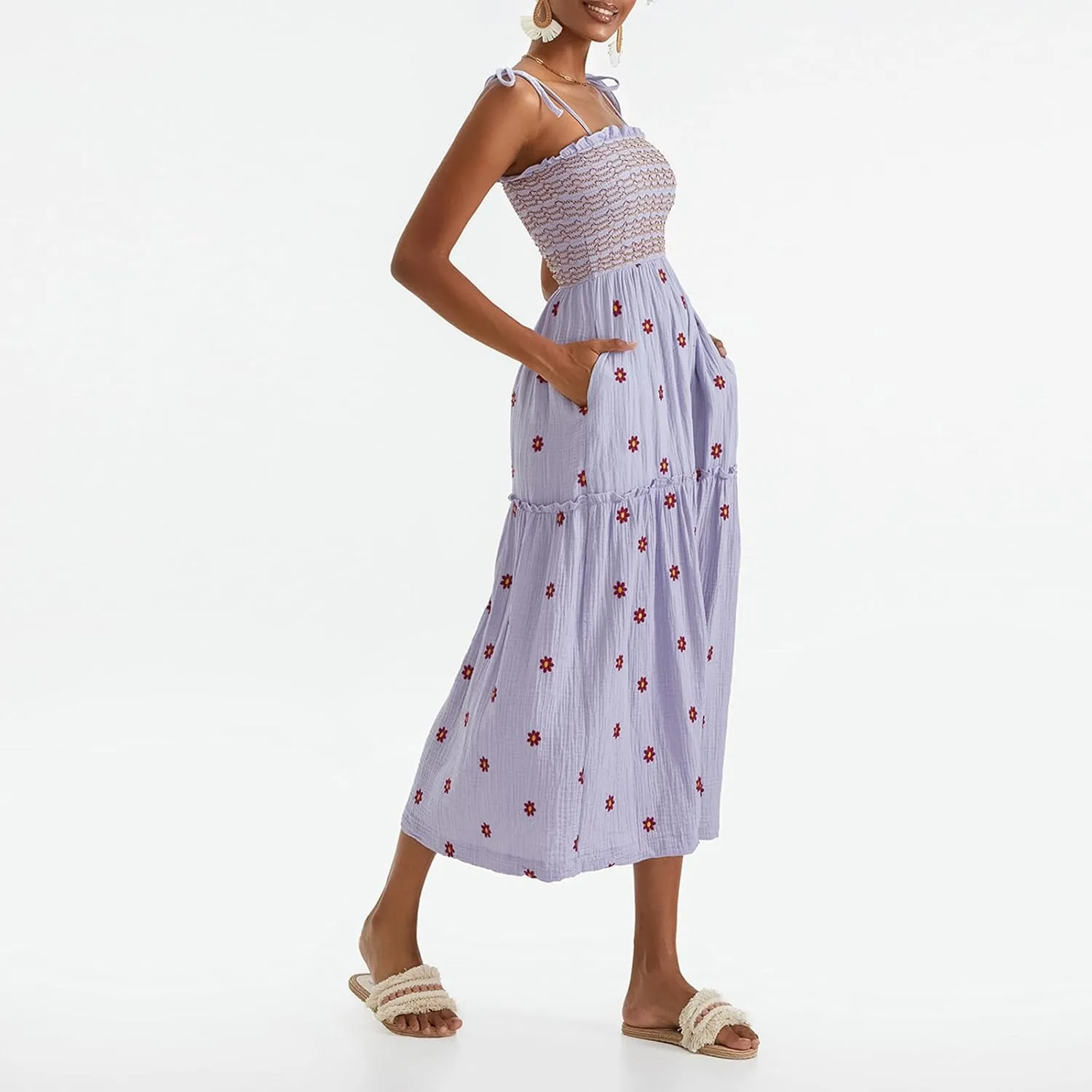 FEORJGP Womens Summer Spaghetti Strap Boho Maxi Dress Bohemian Low Cut Backless Midi Dress Embroidery High Waist Long Dresses