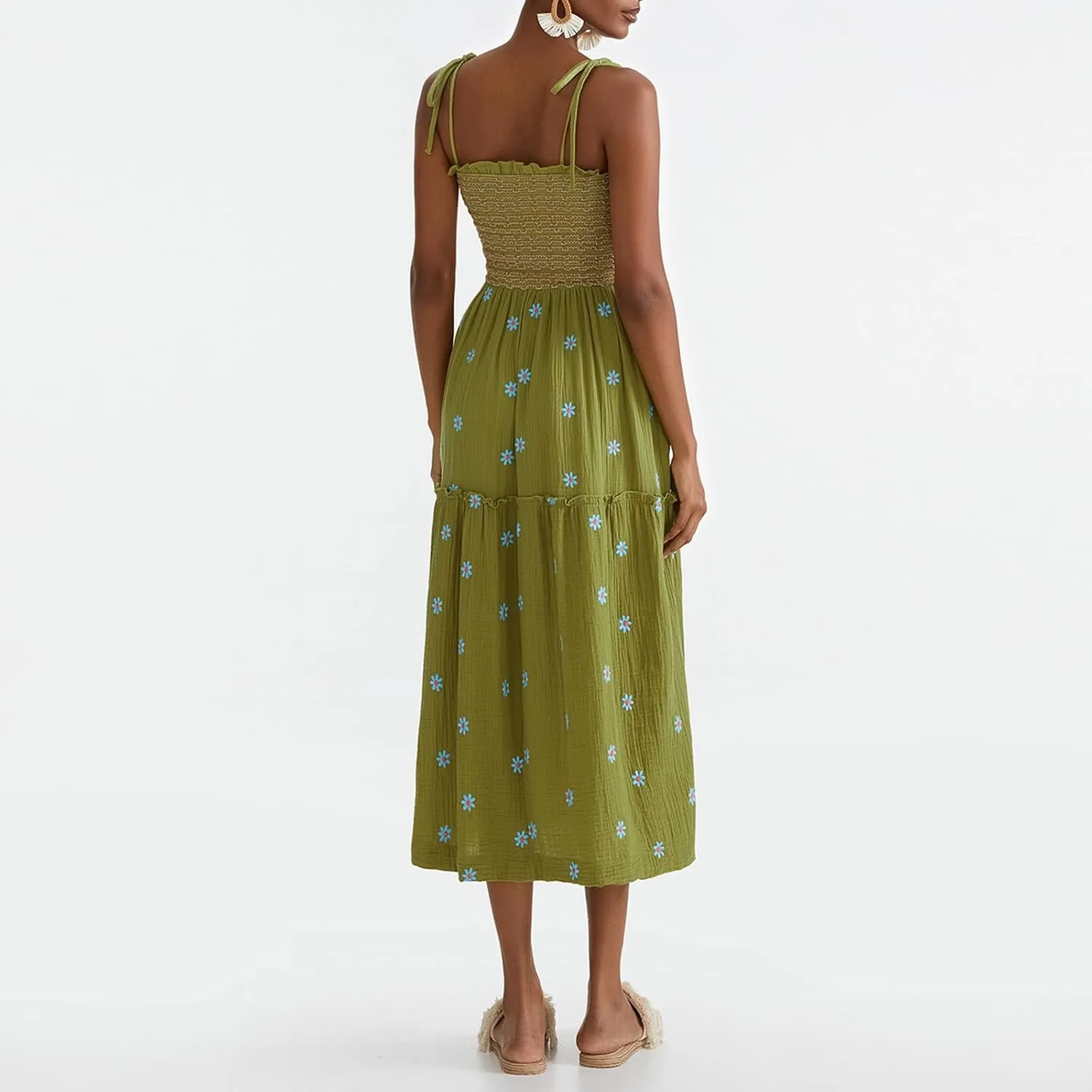 FEORJGP Womens Summer Spaghetti Strap Boho Maxi Dress Bohemian Low Cut Backless Midi Dress Embroidery High Waist Long Dresses