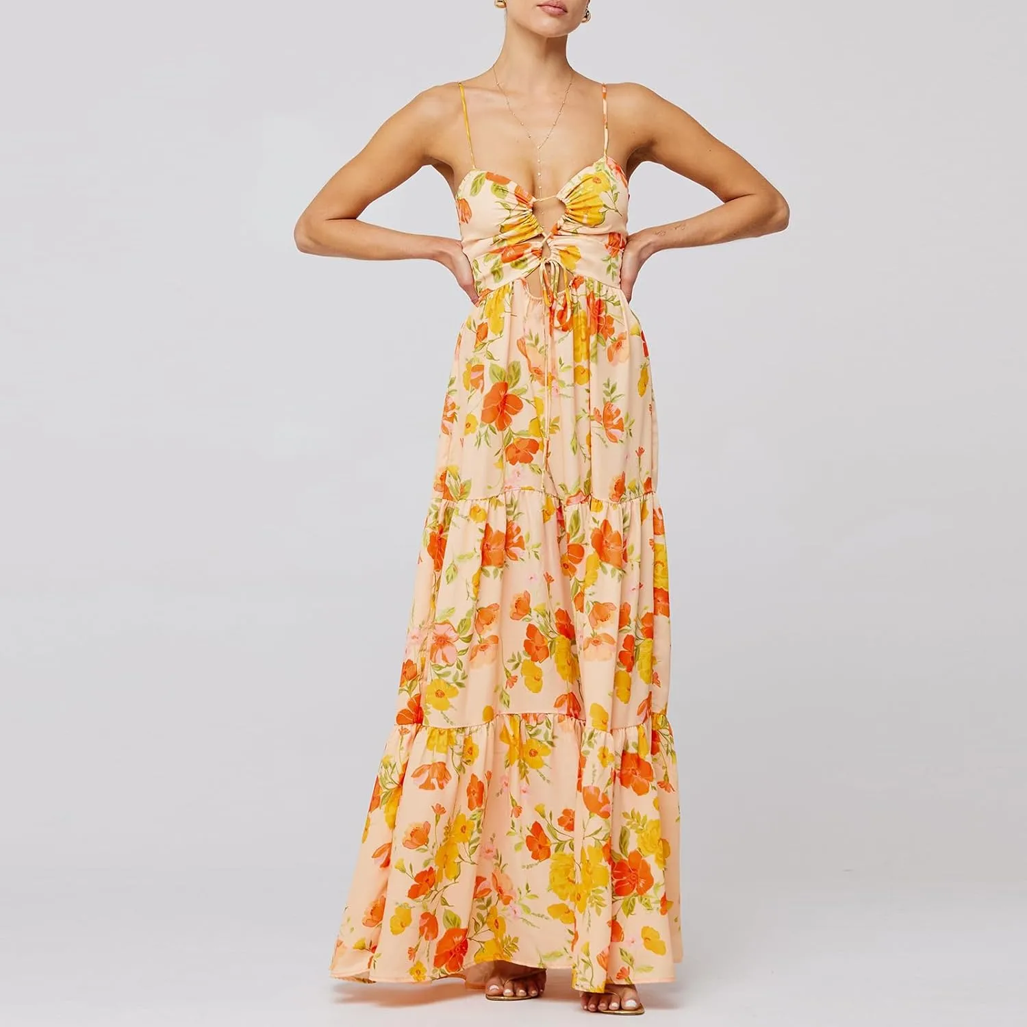 FEORJGP Womens Summer Spaghetti Strap Long Dress Boho Low Cut Dress Backless Flowy Midi Dress Bohemian Maxi Dresses Beachwear