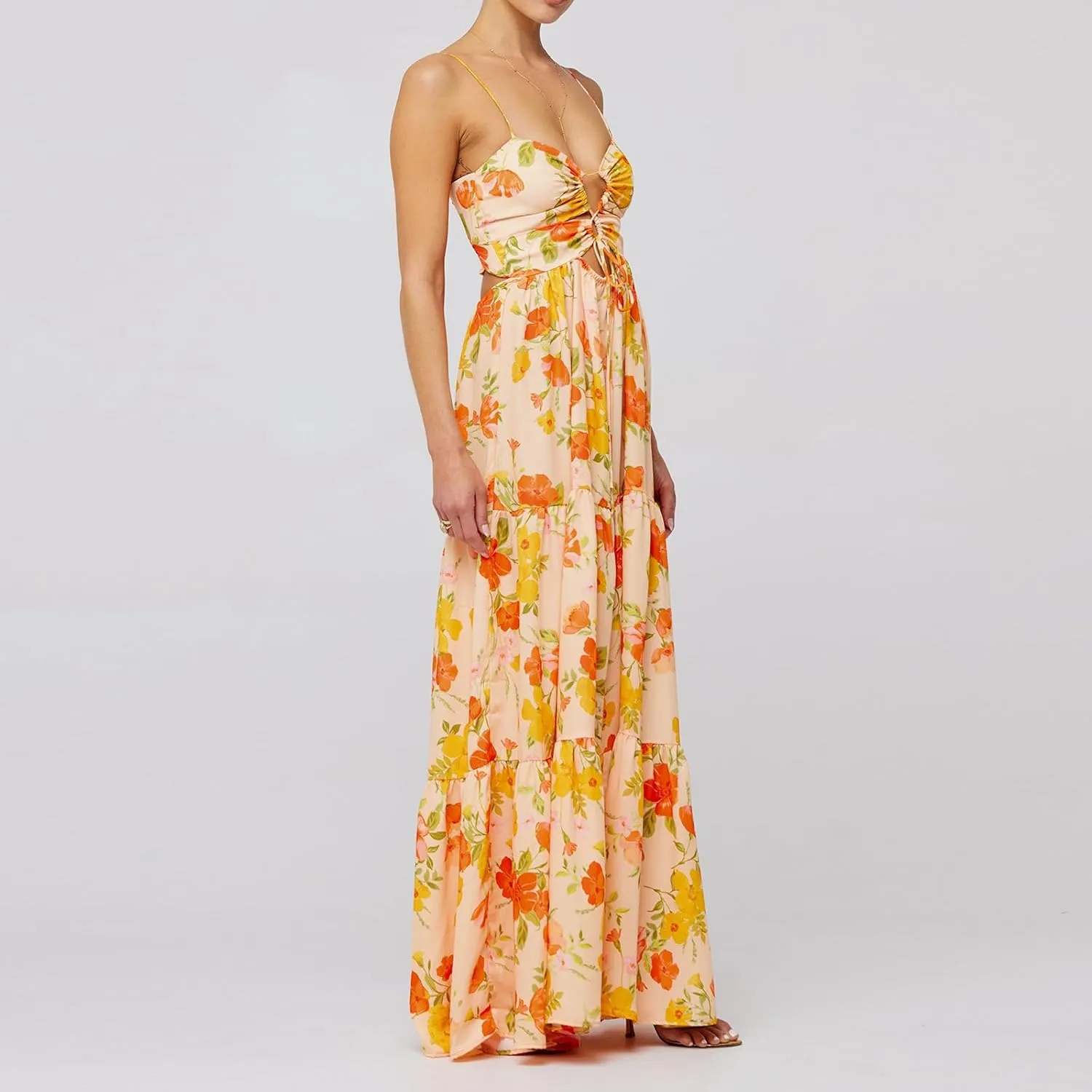 FEORJGP Womens Summer Spaghetti Strap Long Dress Boho Low Cut Dress Backless Flowy Midi Dress Bohemian Maxi Dresses Beachwear