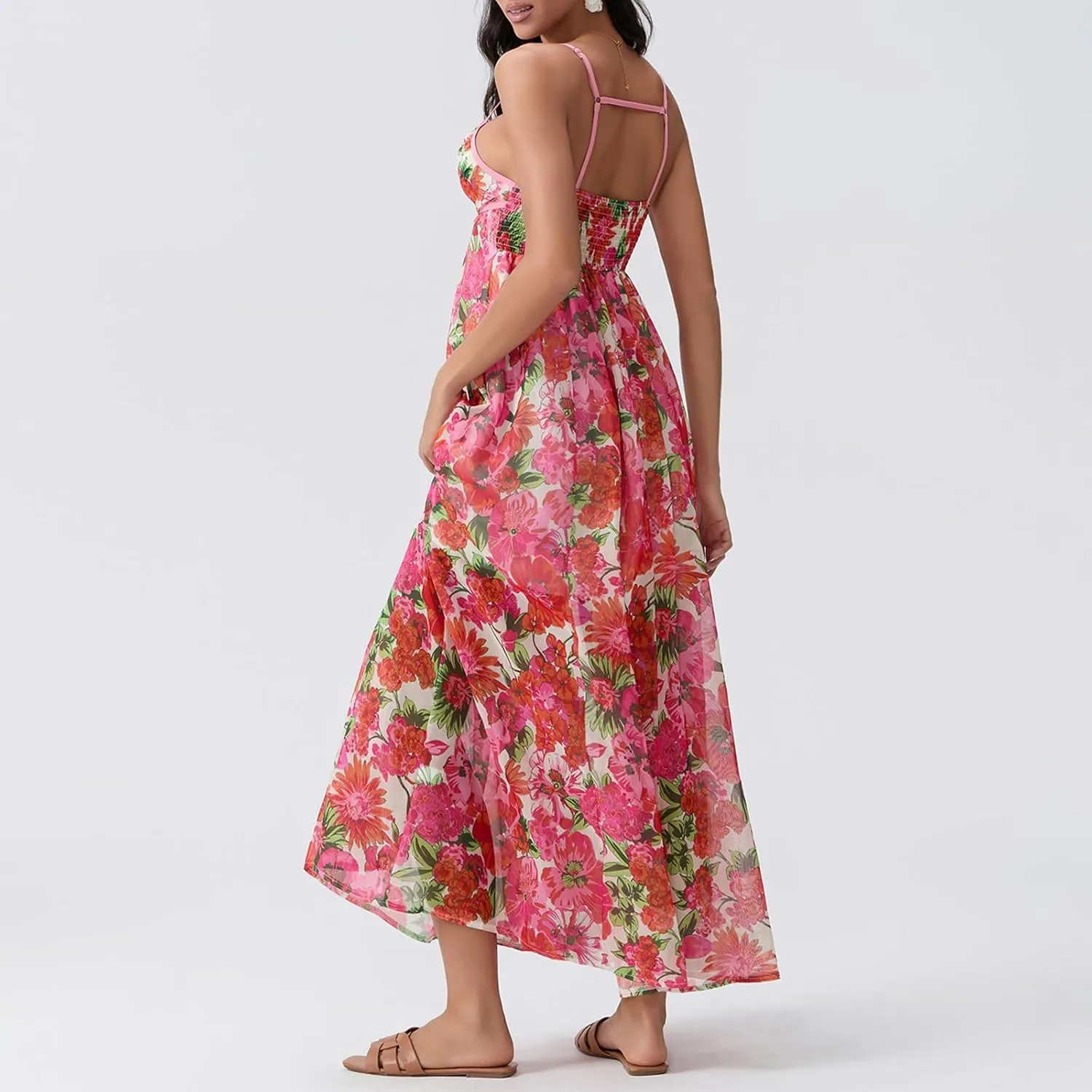 FEORJGP Womens Summer Spaghetti Strap Long Dress Boho Low Cut Dress Backless Flowy Midi Dress Bohemian Maxi Dresses Beachwear