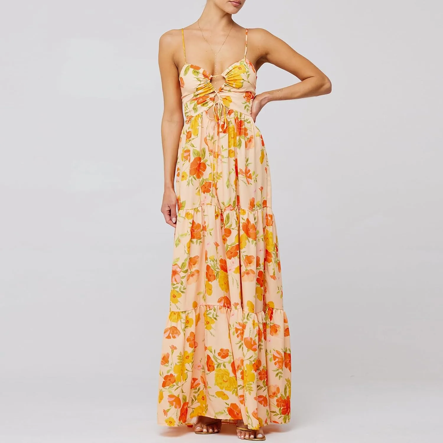 FEORJGP Womens Summer Spaghetti Strap Long Dress Boho Low Cut Dress Backless Flowy Midi Dress Bohemian Maxi Dresses Beachwear