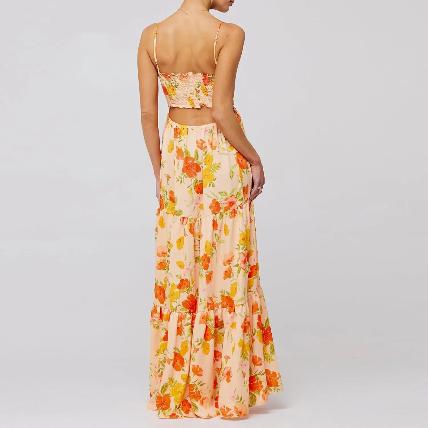 FEORJGP Womens Summer Spaghetti Strap Long Dress Boho Low Cut Dress Backless Flowy Midi Dress Bohemian Maxi Dresses Beachwear