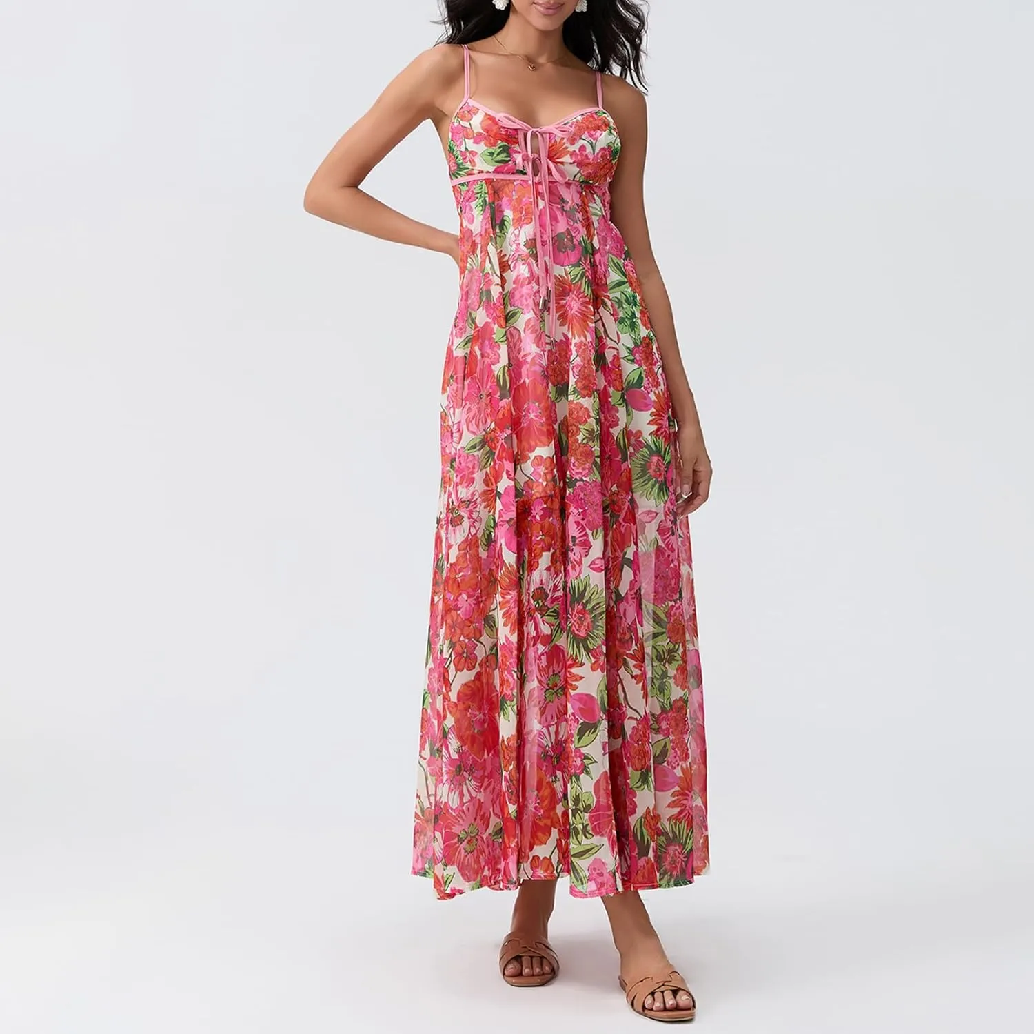 FEORJGP Womens Summer Spaghetti Strap Long Dress Boho Low Cut Dress Backless Flowy Midi Dress Bohemian Maxi Dresses Beachwear