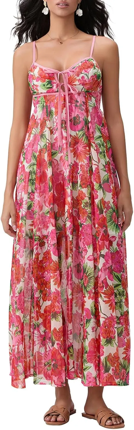 FEORJGP Womens Summer Spaghetti Strap Long Dress Boho Low Cut Dress Backless Flowy Midi Dress Bohemian Maxi Dresses Beachwear