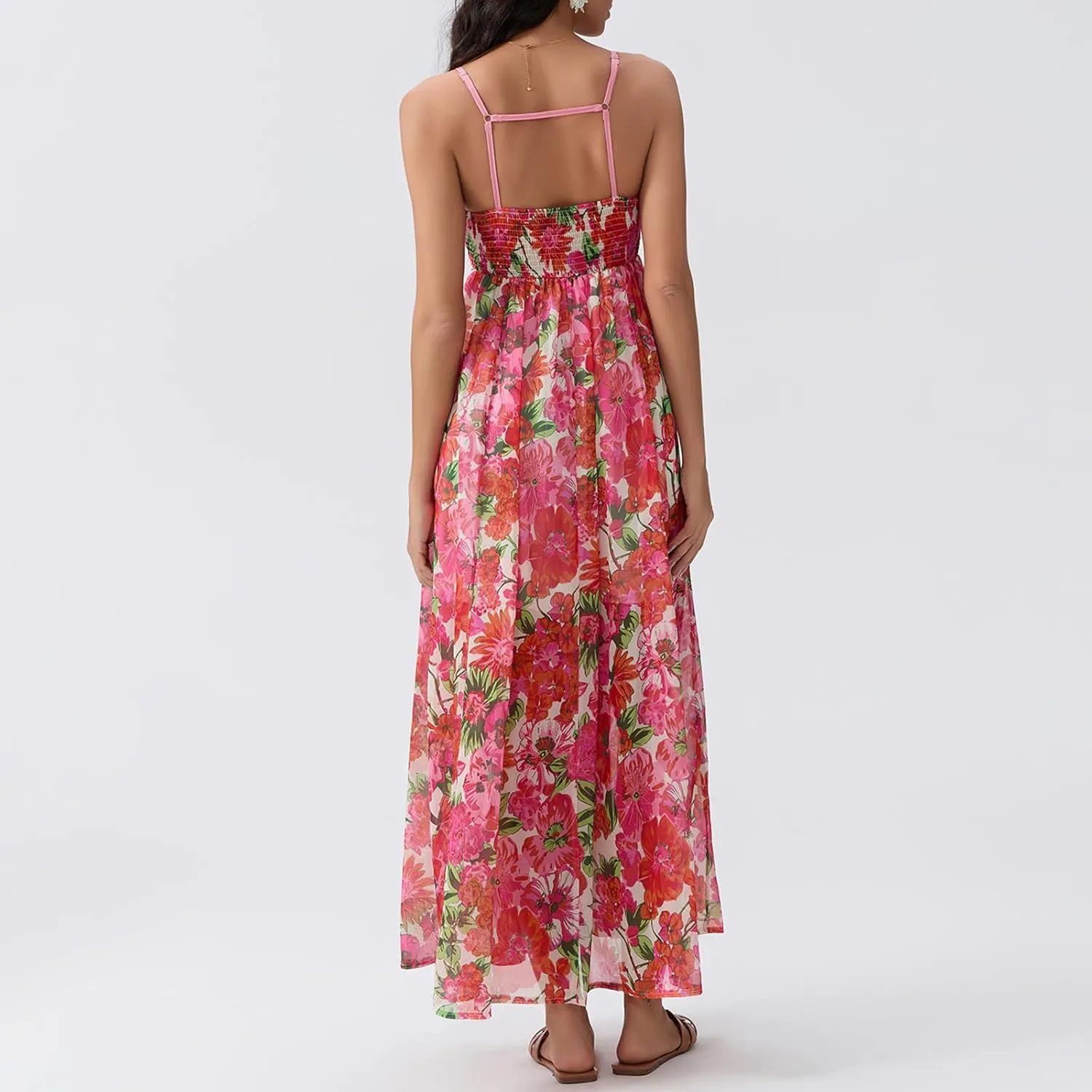 FEORJGP Womens Summer Spaghetti Strap Long Dress Boho Low Cut Dress Backless Flowy Midi Dress Bohemian Maxi Dresses Beachwear