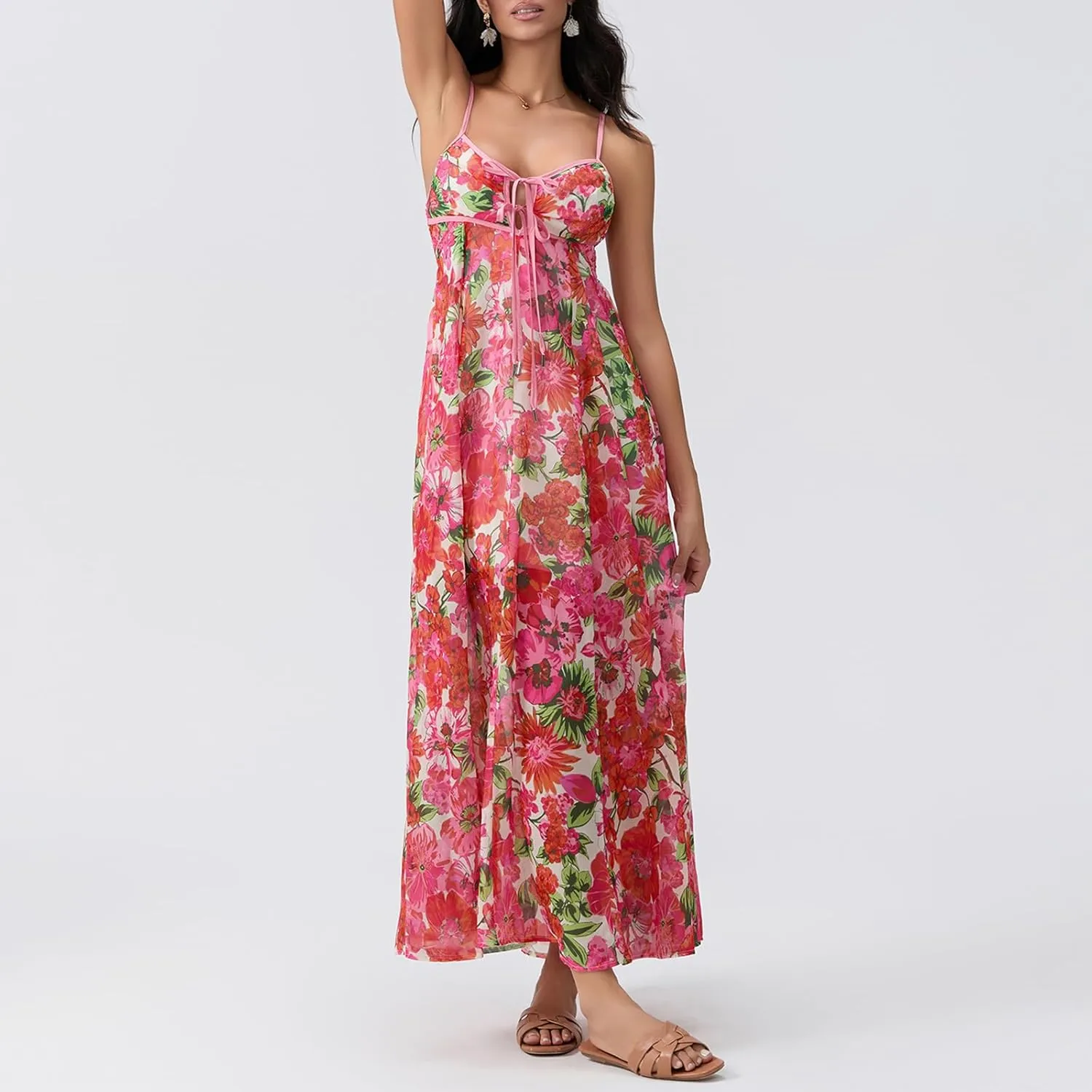 FEORJGP Womens Summer Spaghetti Strap Long Dress Boho Low Cut Dress Backless Flowy Midi Dress Bohemian Maxi Dresses Beachwear