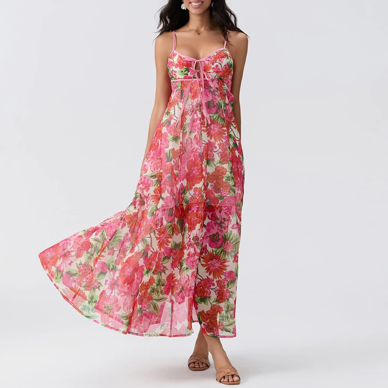 FEORJGP Womens Summer Spaghetti Strap Long Dress Boho Low Cut Dress Backless Flowy Midi Dress Bohemian Maxi Dresses Beachwear