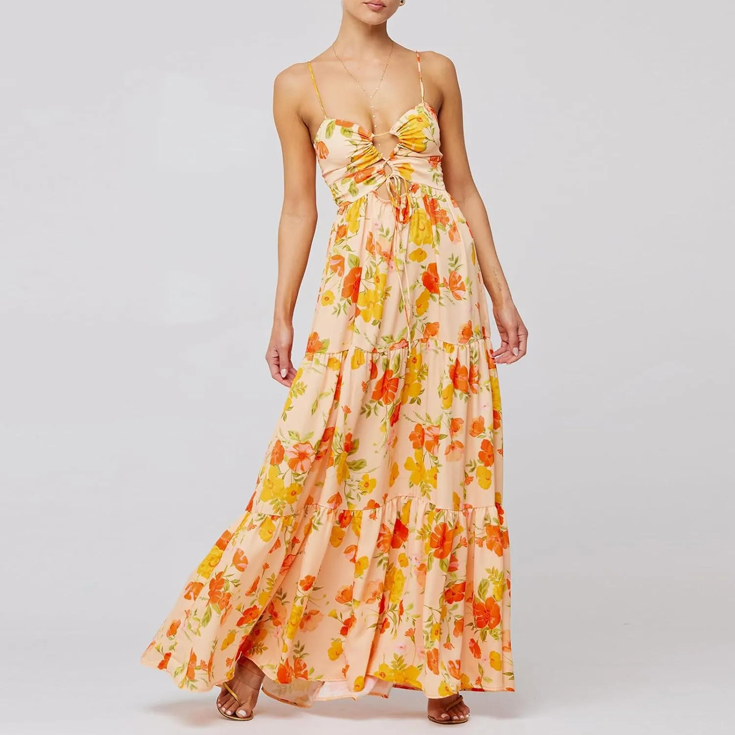 FEORJGP Womens Summer Spaghetti Strap Long Dress Boho Low Cut Dress Backless Flowy Midi Dress Bohemian Maxi Dresses Beachwear
