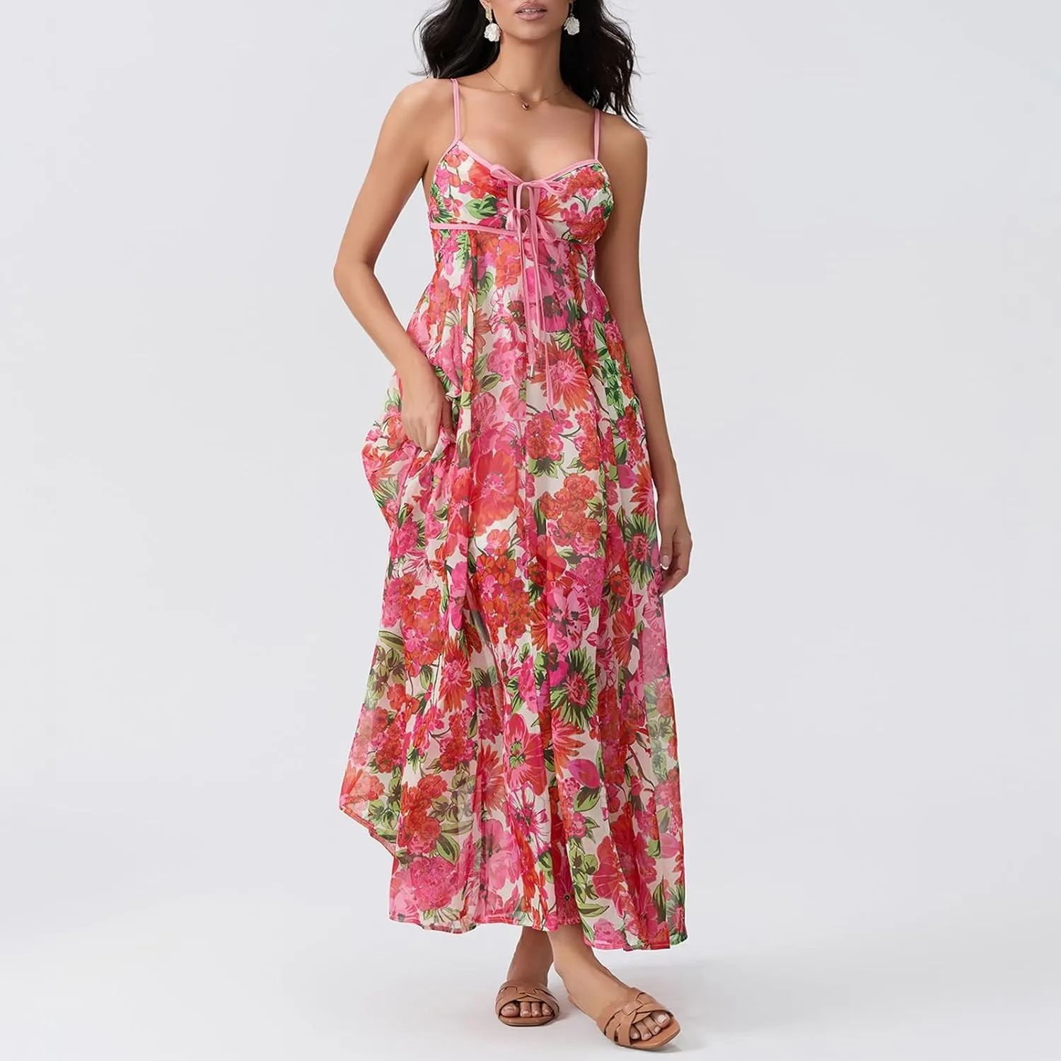 FEORJGP Womens Summer Spaghetti Strap Long Dress Boho Low Cut Dress Backless Flowy Midi Dress Bohemian Maxi Dresses Beachwear
