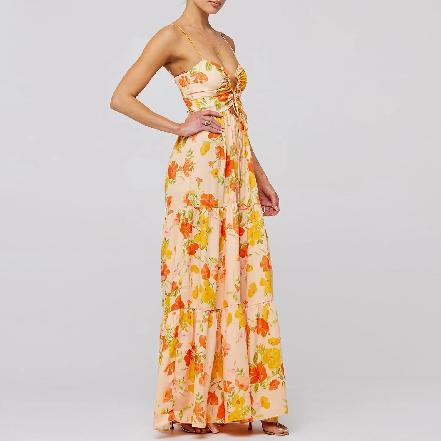 FEORJGP Womens Summer Spaghetti Strap Long Dress Boho Low Cut Dress Backless Flowy Midi Dress Bohemian Maxi Dresses Beachwear