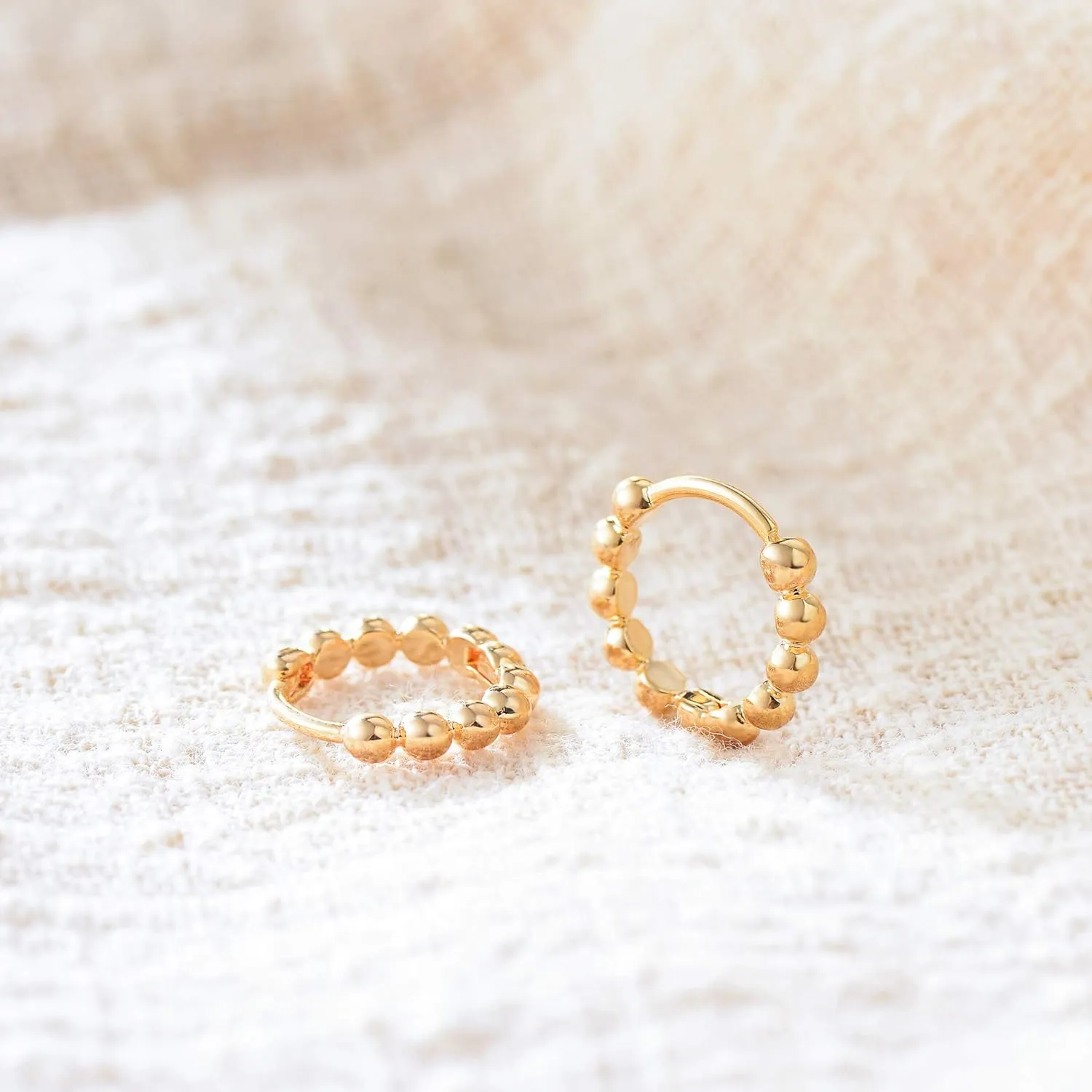 Fettero Women Gold Huggie Hoop Earrings 14K Gold Plated Small Hoop Earrings Beaded Hoop Earrings for Everyday Wear Tiny Boho Beach Slepper Earrings Simple Delicate Hypoallergenic Jewelry
