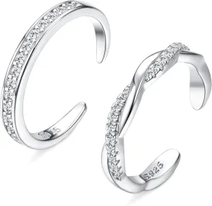 FIASASO 2 Pcs Sterling Silver Toe Rings for Women Adjustable Band Toe Rings Summer Beach Open Toe Ring Foot Jewelry Set