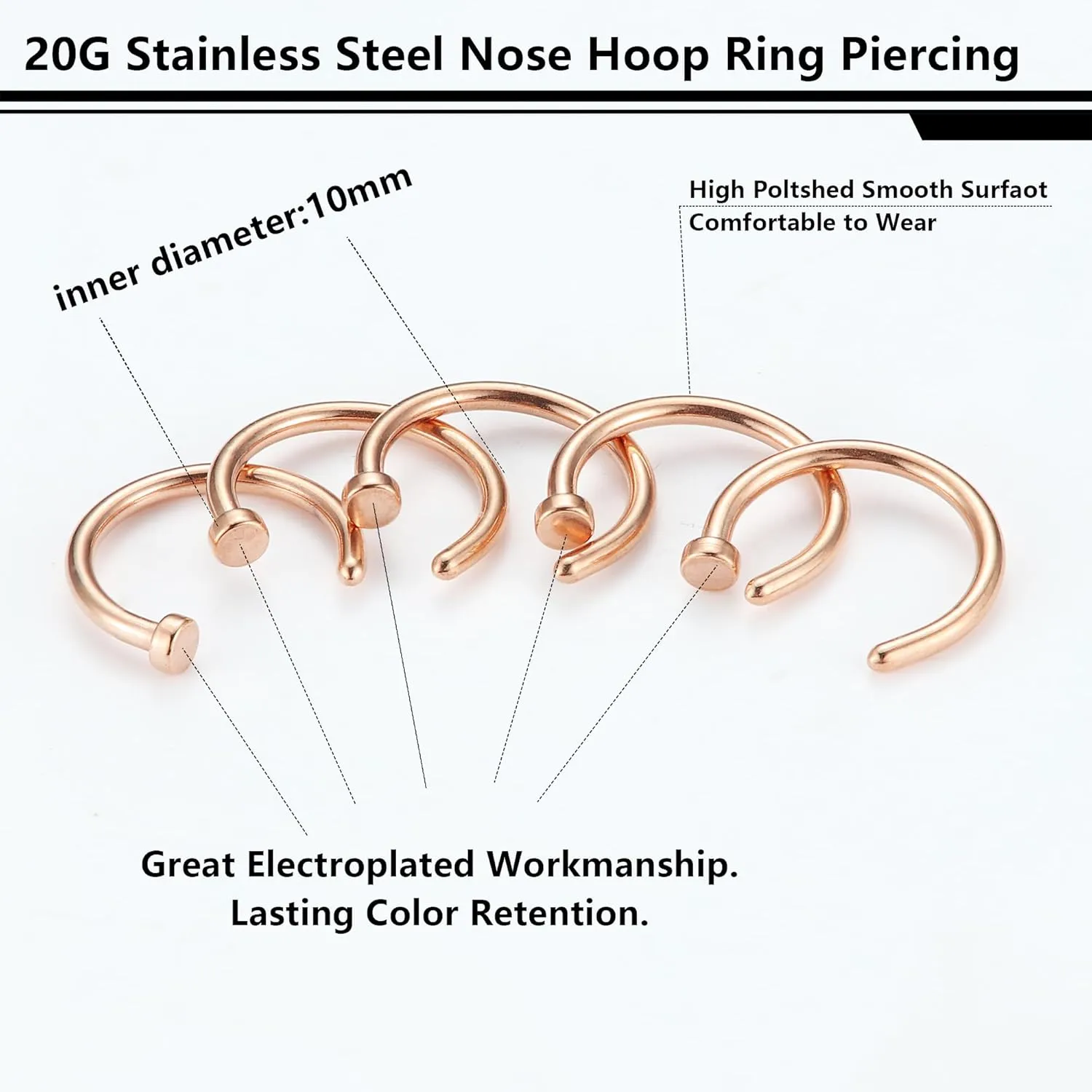 FIBO STEEL 18G-22G 5PCS Stainless Steel Body Jewelry Piercing Nose Ring Hoop for Women