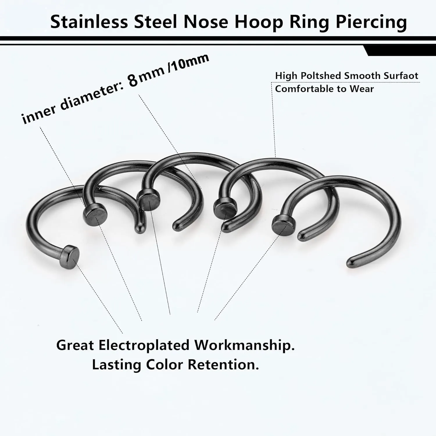 FIBO STEEL 18G-22G 5PCS Stainless Steel Body Jewelry Piercing Nose Ring Hoop for Women