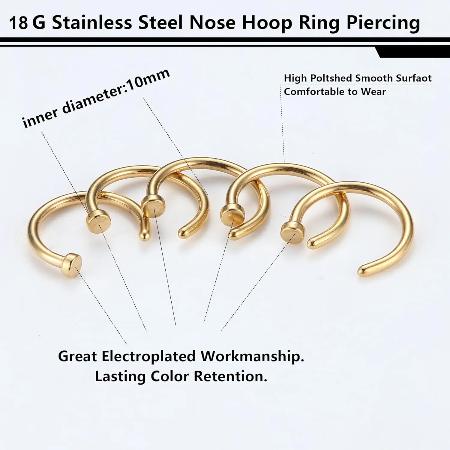 FIBO STEEL 18G-22G 5PCS Stainless Steel Body Jewelry Piercing Nose Ring Hoop for Women
