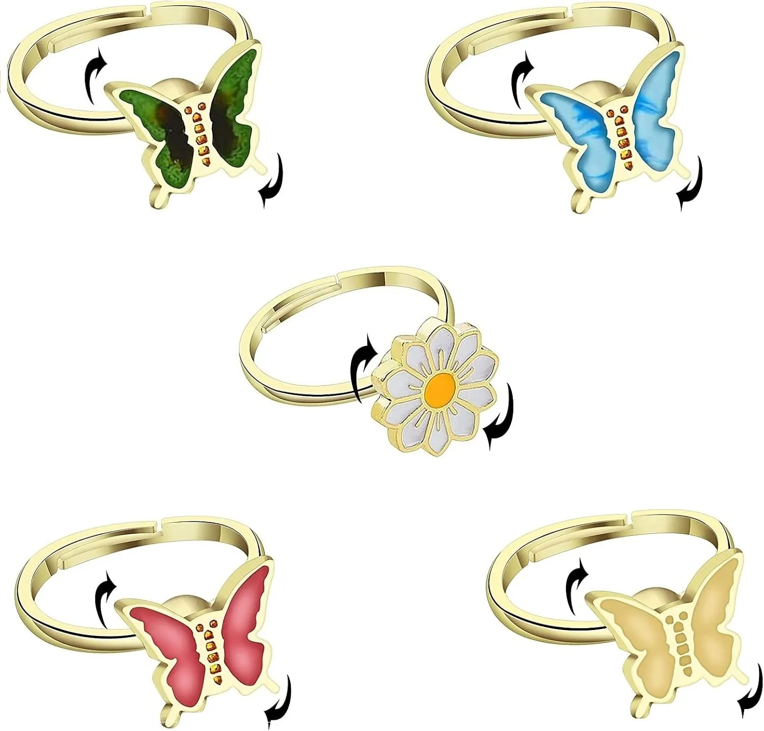Fidget Spinner Rings with Daisy & Sunflower Designs - Butterfly Anxiety Relief Ring for Women - Rotatable, Adjustable, Calming