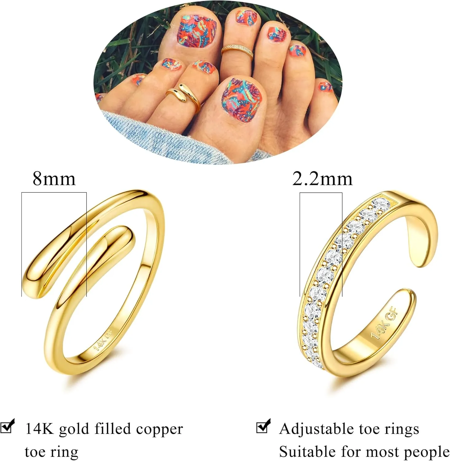 FINREZIO 2PCS 14K Gold Fillled Toe Rings for Women Cute Hug CZ Flower Simple Band Toe Rings Beach Summer Foot Jewelry for Women