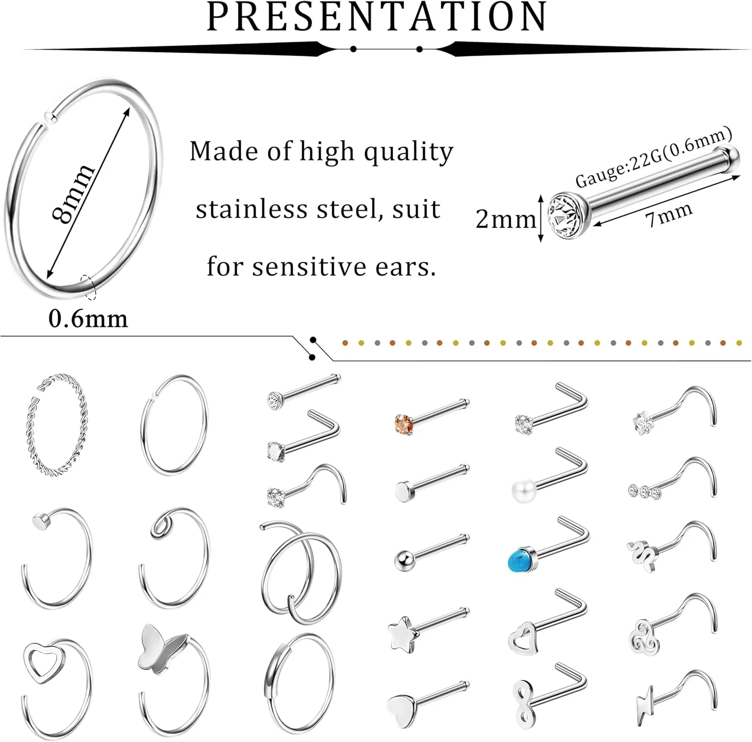 FINREZIO 34PCS 22g Nose Rings - Women & Men Surgical Steel Nose Piercings - Hoops, L-Shaped, Stud, Screw - Hypoallergenic Body Jewelry