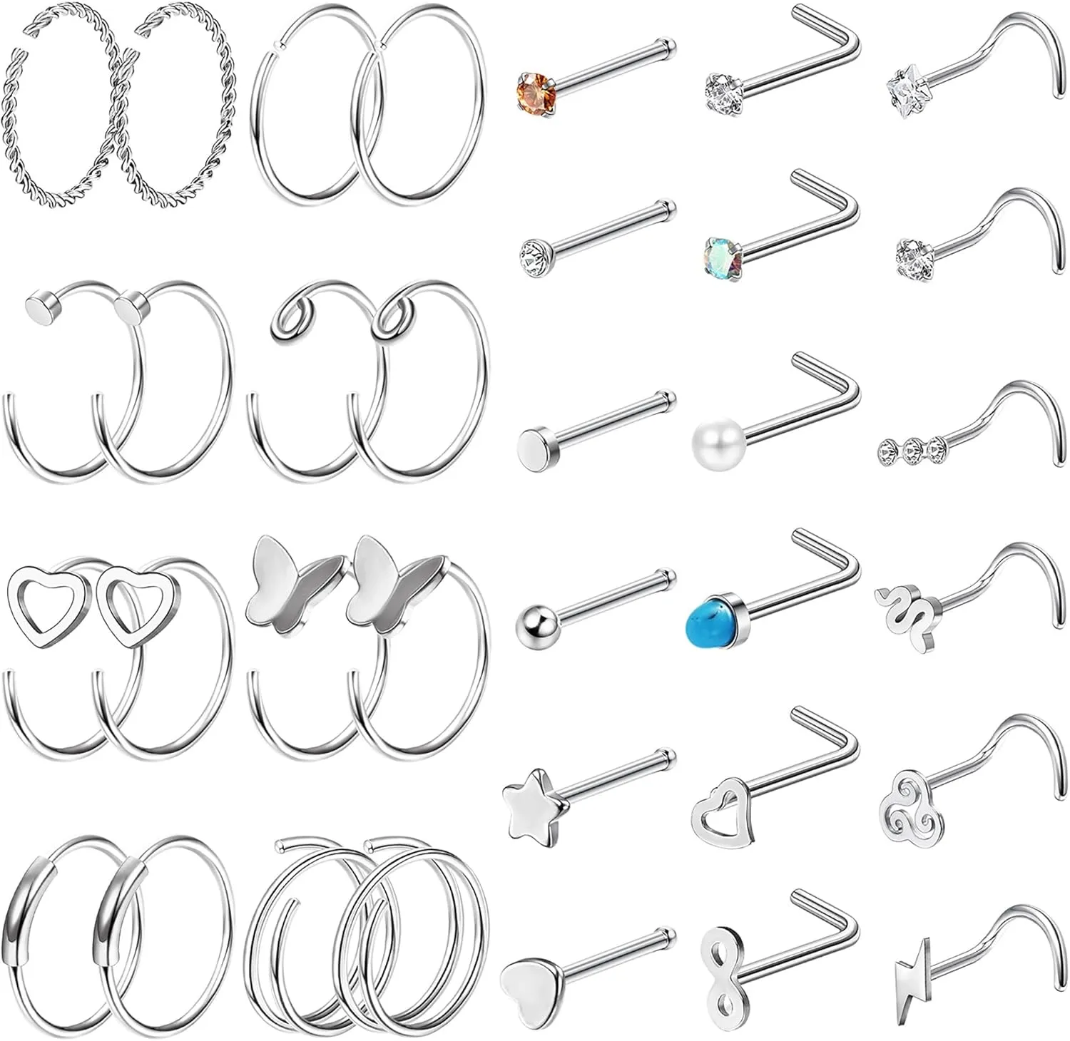 FINREZIO 34PCS 22g Nose Rings - Women & Men Surgical Steel Nose Piercings - Hoops, L-Shaped, Stud, Screw - Hypoallergenic Body Jewelry