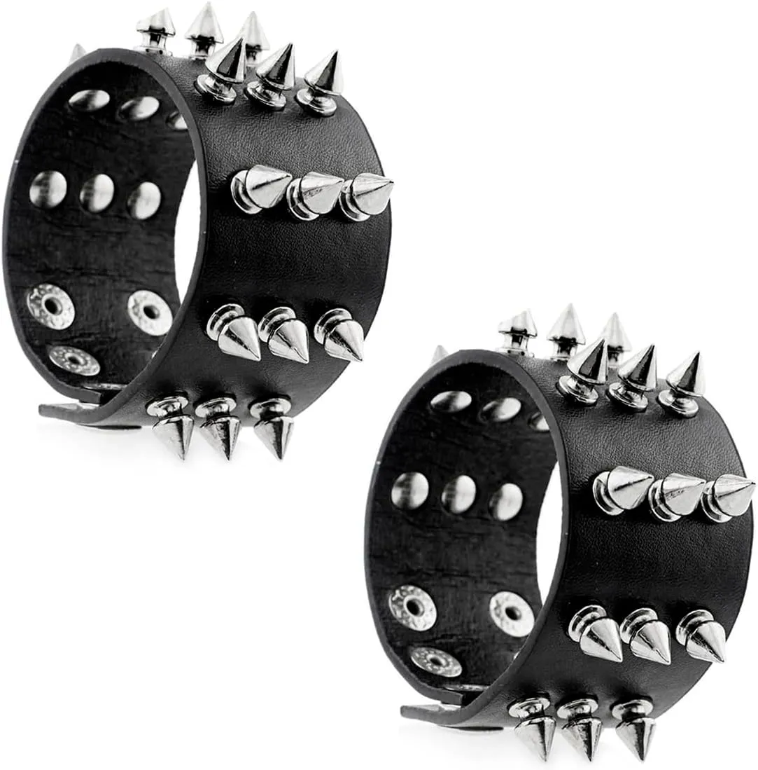 FIRAZIO Punk Studded Bracelet - Black Leather Rivet Cuff Wrap Bangle for Women & Men - Snap Button Goth Rock Wristband - Unisex for Halloween Party Favors Accessories