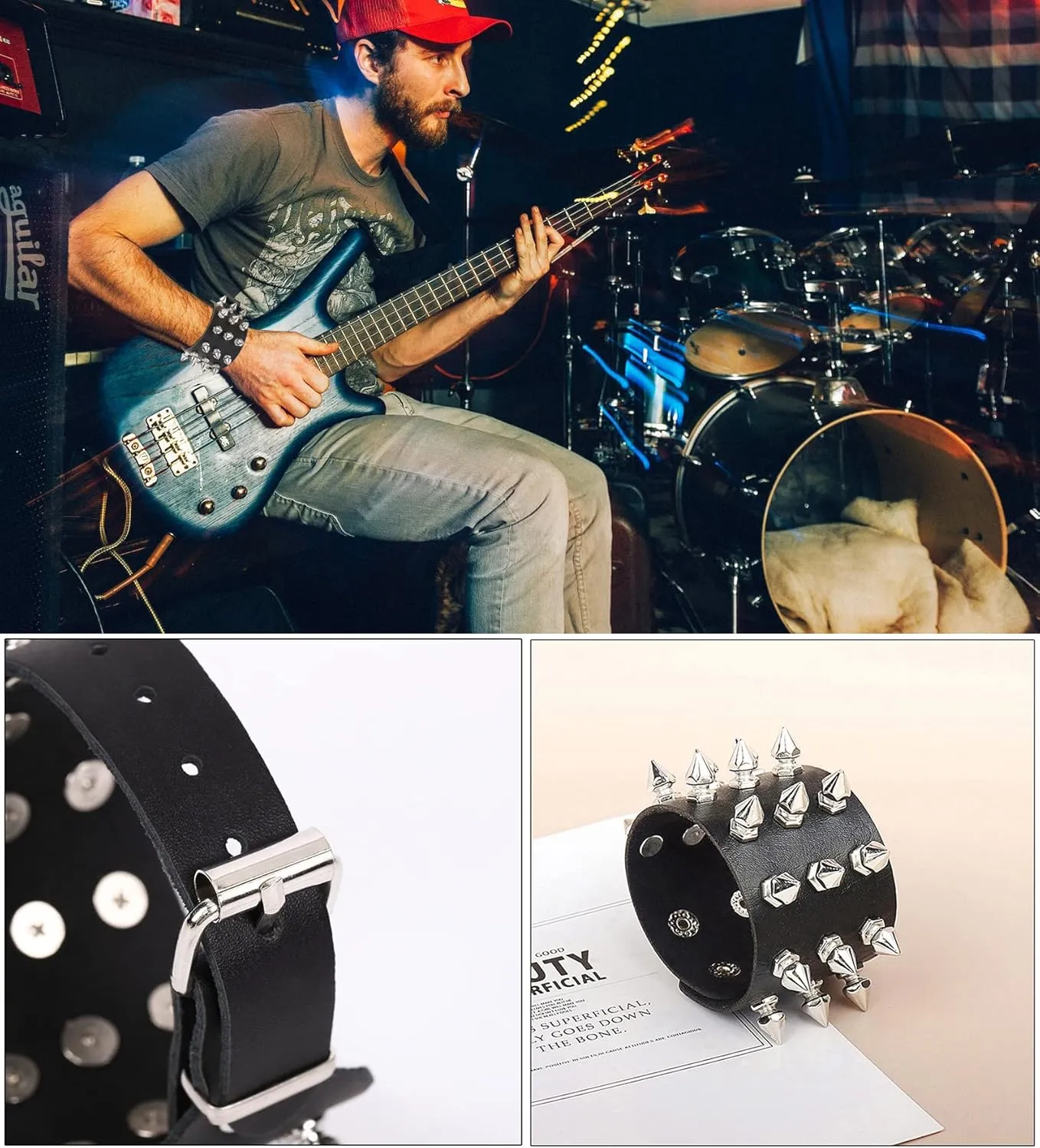 FIRAZIO Punk Studded Bracelet - Black Leather Rivet Cuff Wrap Bangle for Women & Men - Snap Button Goth Rock Wristband - Unisex for Halloween Party Favors Accessories