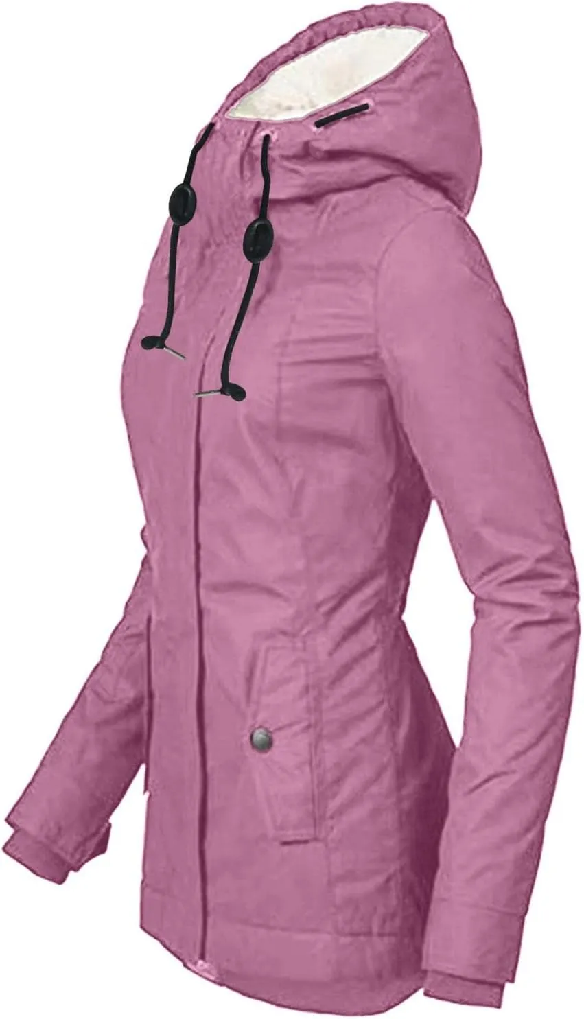Fleece Coat for Women Long Sleeve Button Full Zip Up Plain Hooded Plush Jacket with Pocket Plus Size Trendy Autumn Winter