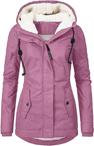 Fleece Coat for Women Long Sleeve Button Full Zip Up Plain Hooded Plush Jacket with Pocket Plus Size Trendy Autumn Winter