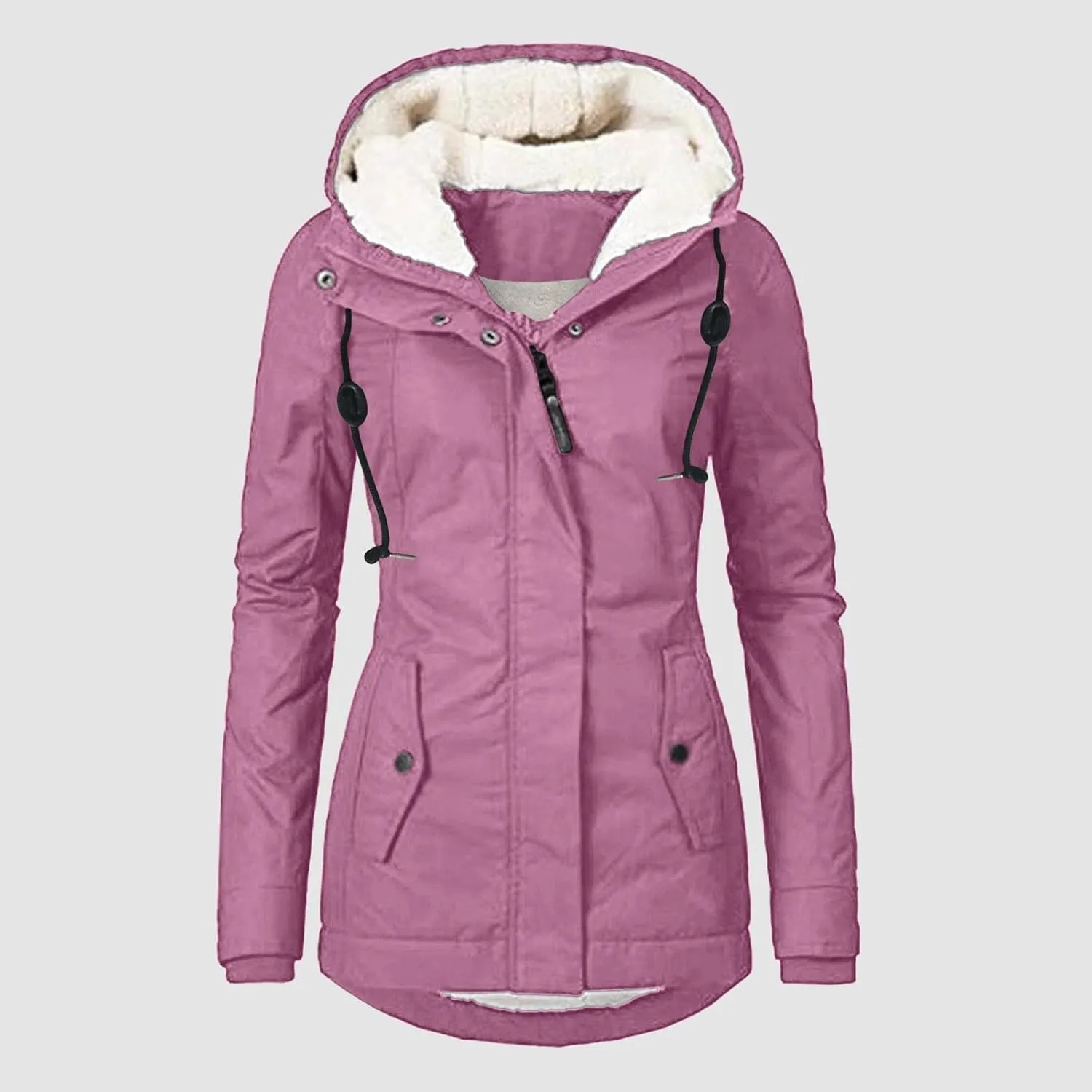 Fleece Coat for Women Long Sleeve Button Full Zip Up Plain Hooded Plush Jacket with Pocket Plus Size Trendy Autumn Winter