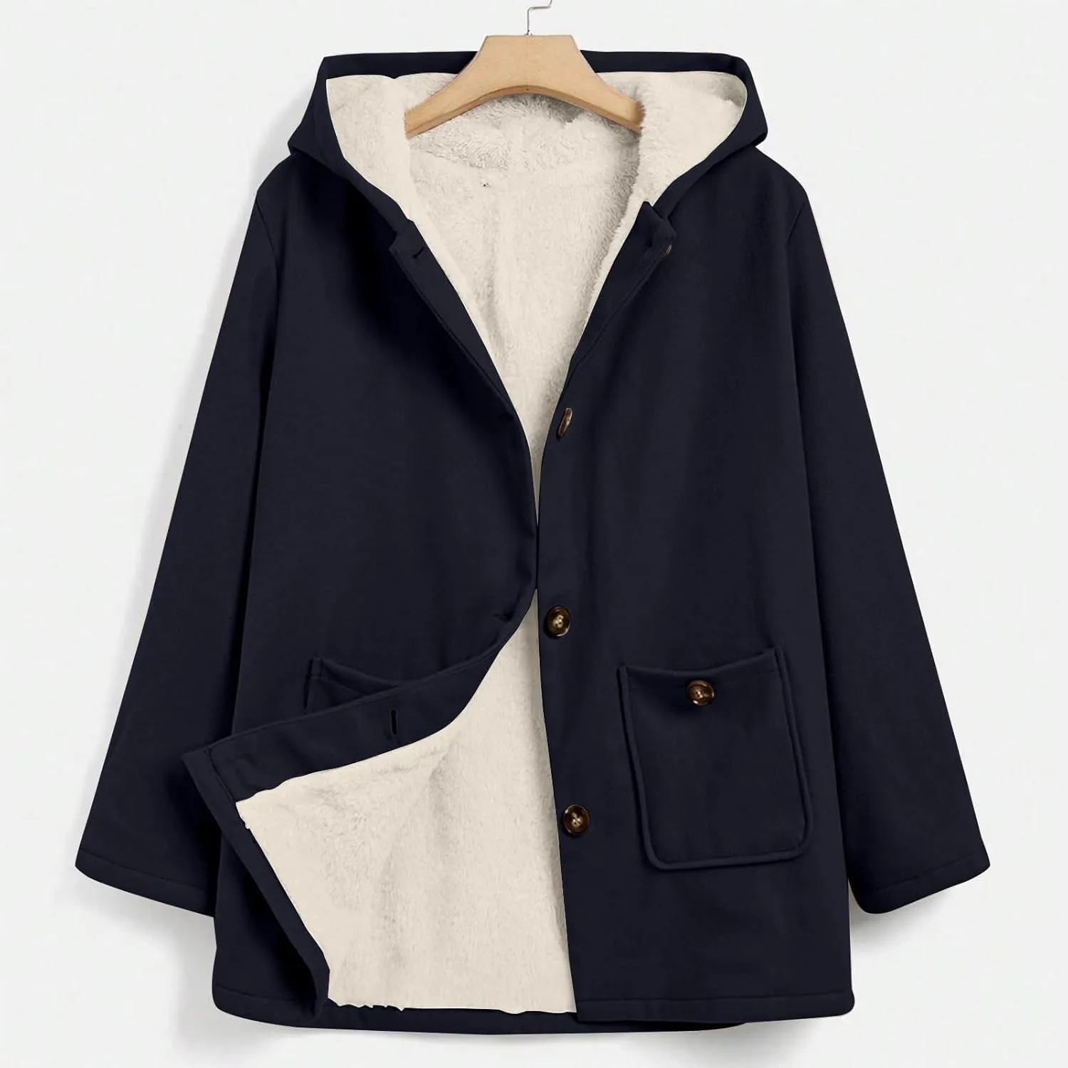 Fleece Jacket Women Solid Button Down Hooded Winter Coats Plush Long Sleeve Tops Blouse with Pockets Outerwear