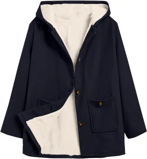 Fleece Jacket Women Solid Button Down Hooded Winter Coats Plush Long Sleeve Tops Blouse with Pockets Outerwear