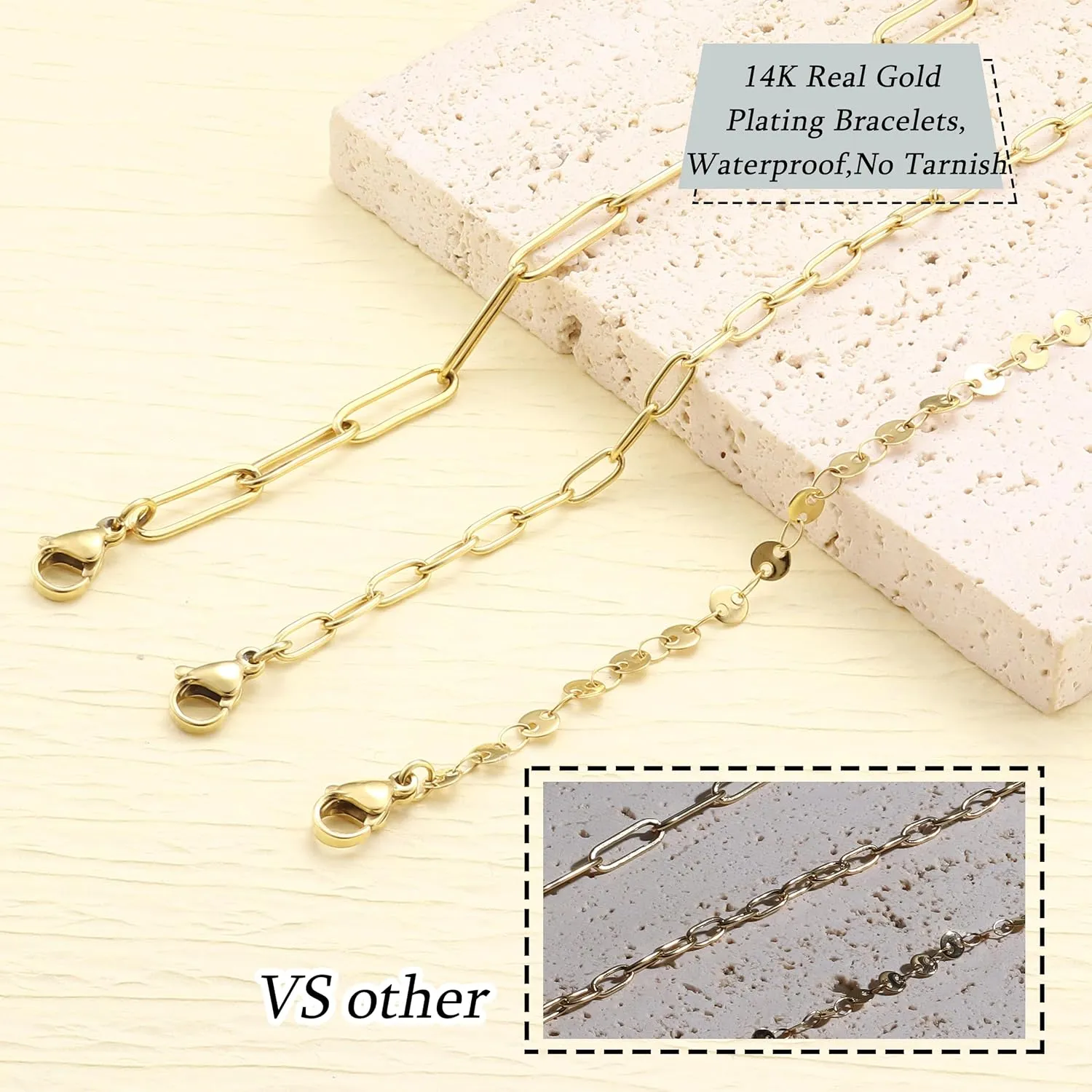 Florideco Gold Bracelets for Women Waterproof 14K Gold Plated Bracelet Stack Set Non Tarnish Trendy Thin Dainty Stackable Cuban Link Paperclip Chain Bracelet Pack Fashion Cute Jewelry Set
