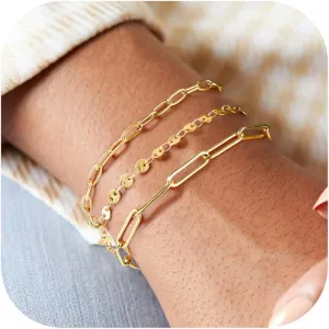 Florideco Gold Bracelets for Women Waterproof 14K Gold Plated Bracelet Stack Set Non Tarnish Trendy Thin Dainty Stackable Cuban Link Paperclip Chain Bracelet Pack Fashion Cute Jewelry Set