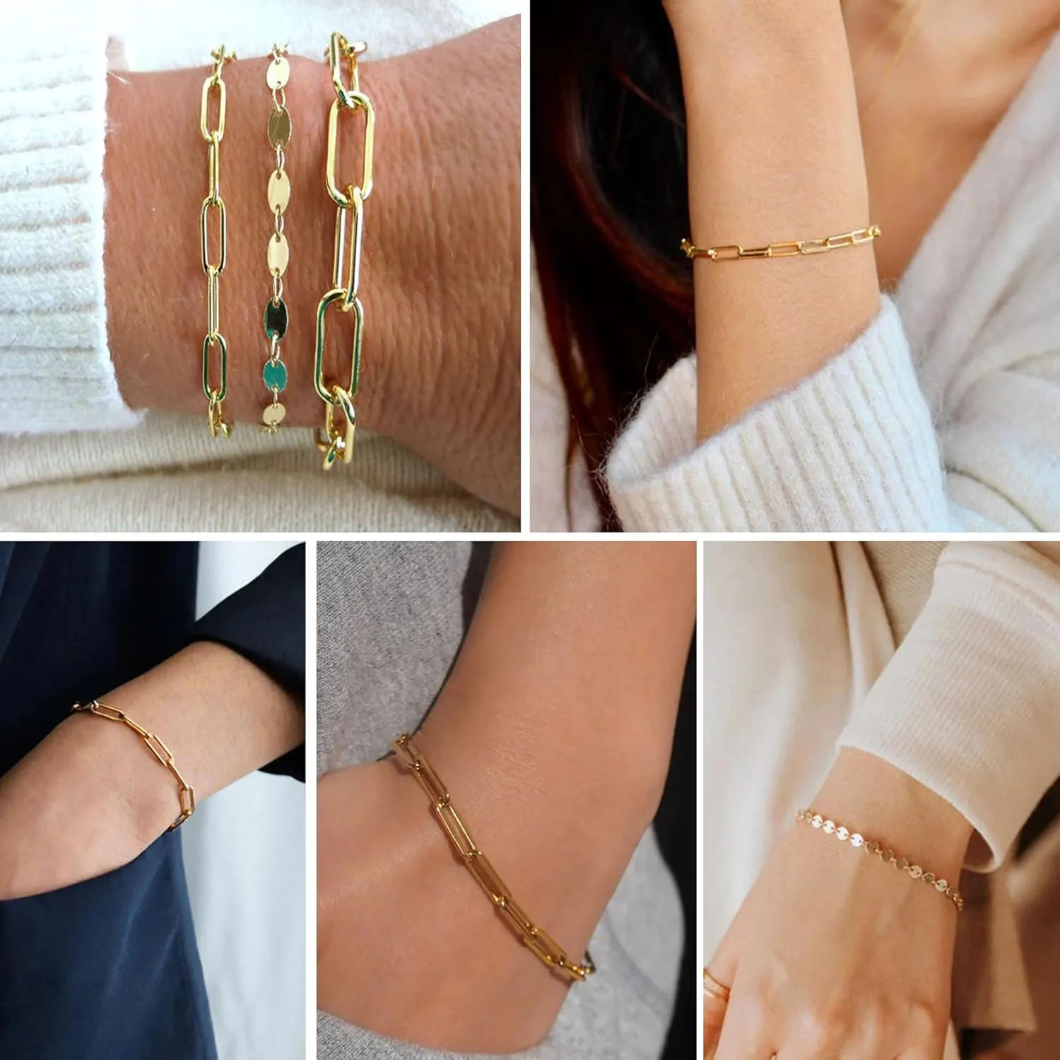 Florideco Gold Bracelets for Women Waterproof 14K Gold Plated Bracelet Stack Set Non Tarnish Trendy Thin Dainty Stackable Cuban Link Paperclip Chain Bracelet Pack Fashion Cute Jewelry Set