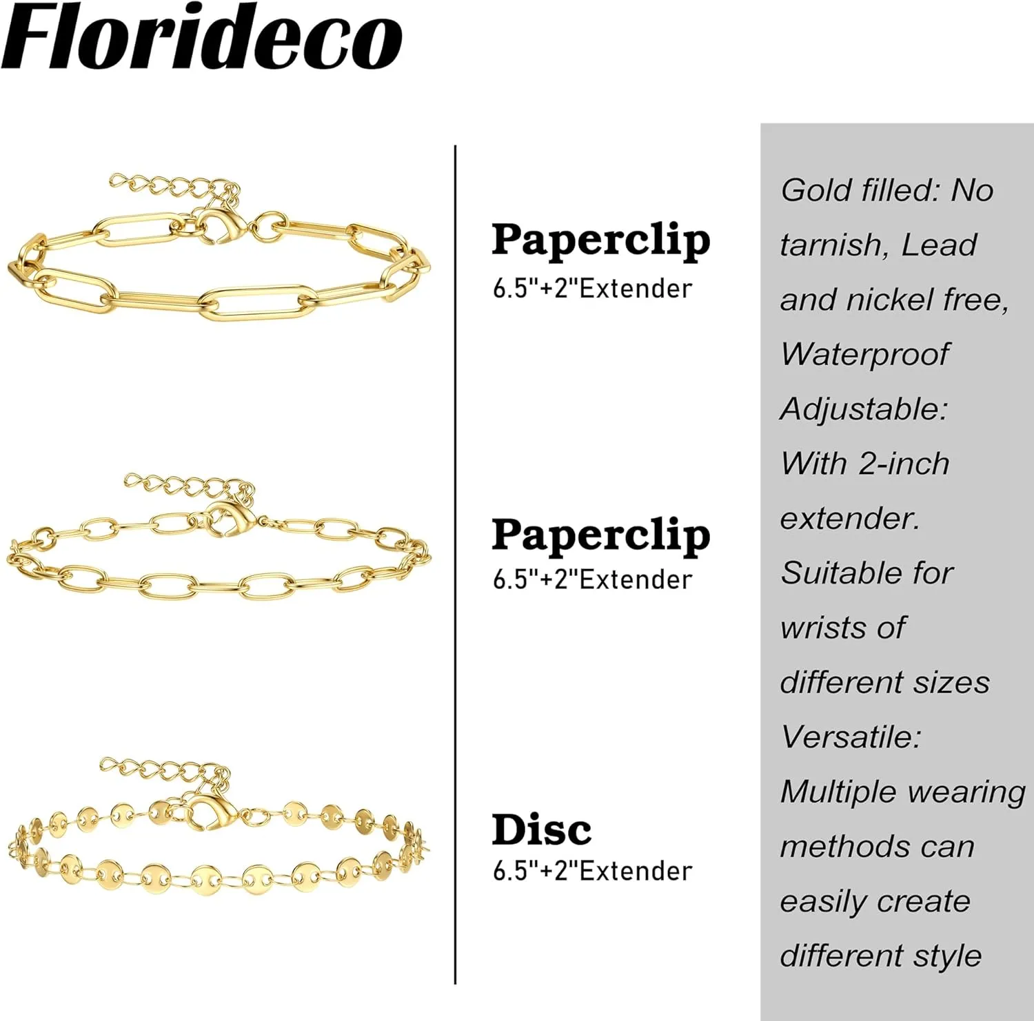 Florideco Gold Bracelets for Women Waterproof 14K Gold Plated Bracelet Stack Set Non Tarnish Trendy Thin Dainty Stackable Cuban Link Paperclip Chain Bracelet Pack Fashion Cute Jewelry Set