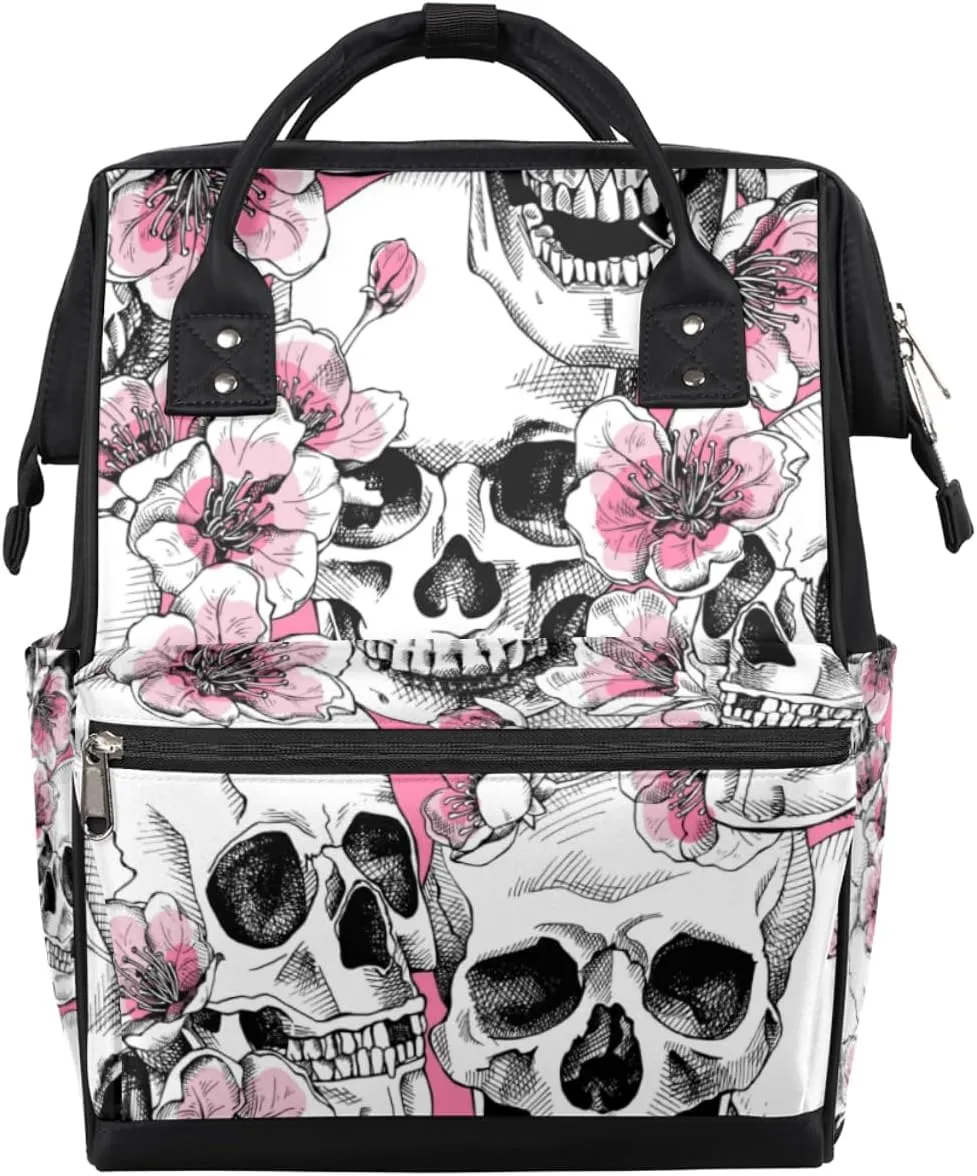 Flowers Skulls Diaper Bag Tote Large Capacity Waterproof with Adjustable Shoulder Strap and Pram Straps Mommy Bag for Hospital Beach Weekender Travel