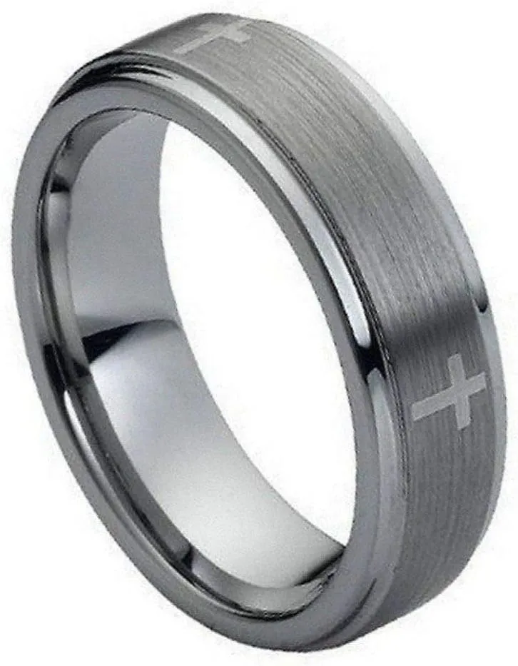 Free Personalized laser engraving Ring for Men and Ring for Women Tungsten Ring Flat Brushed Center Laser Engraved Crosses - 7mm Wedding Band Ring Ideal Rings for Couples