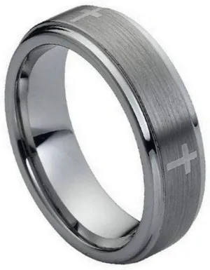 Free Personalized laser engraving Ring for Men and Ring for Women Tungsten Ring Flat Brushed Center Laser Engraved Crosses - 7mm Wedding Band Ring Ideal Rings for Couples