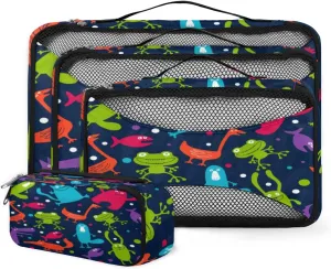 Funny Cartoon Animals 4 Piece Packing Travel Organizer Cubes Set Mesh Fabric Ventilate Design Lightweight Travel Accessories 4 Sizes (Extra Large, Large, Medium, Small)