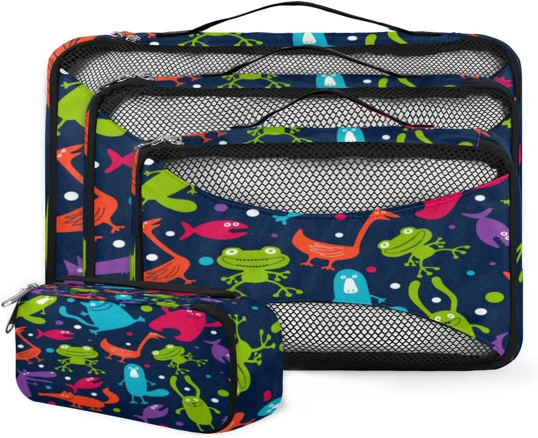 Funny Cartoon Animals 4 Piece Packing Travel Organizer Cubes Set Mesh Fabric Ventilate Design Lightweight Travel Accessories 4 Sizes (Extra Large, Large, Medium, Small)