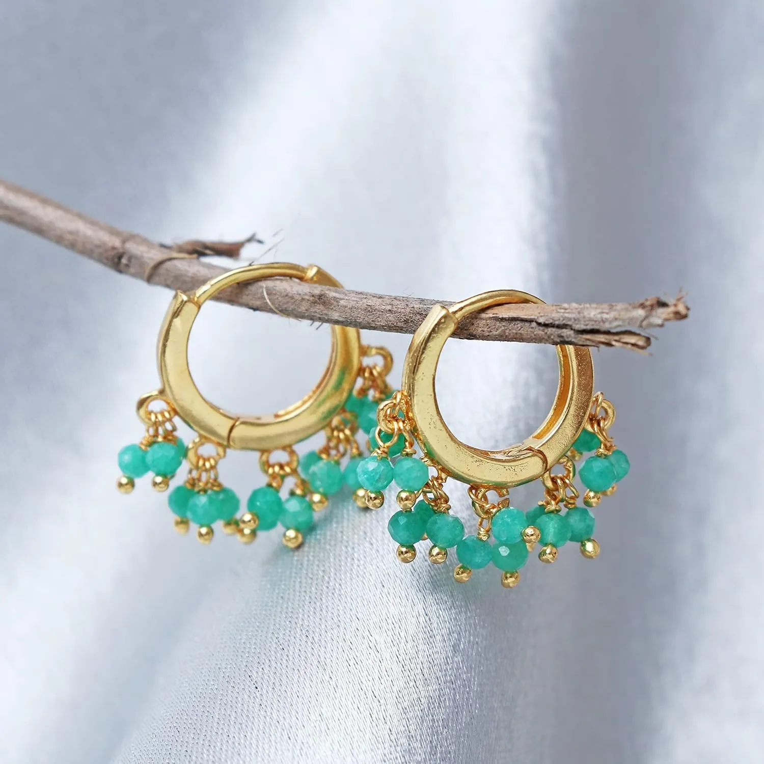 Gempires Natural Green Jade Beaded Earrings Lightweight Dangling Jewelry Hypoallergenic Gold Plated Minimalist Dangle Women Earrings